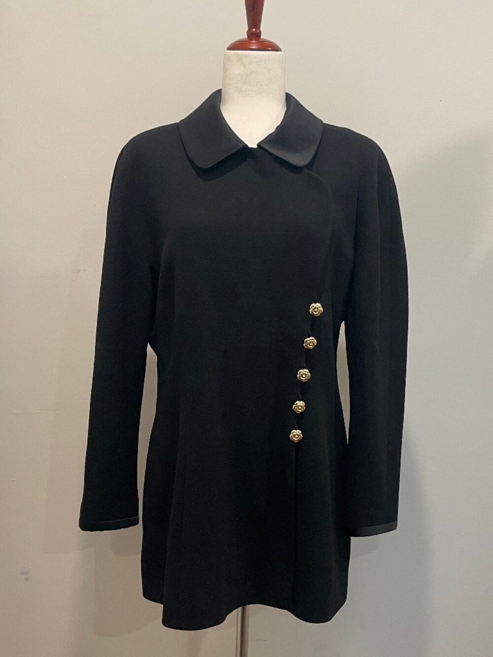 CHANEL Black Wool Coat with Silk Collar and Gold Camellia Buttons
